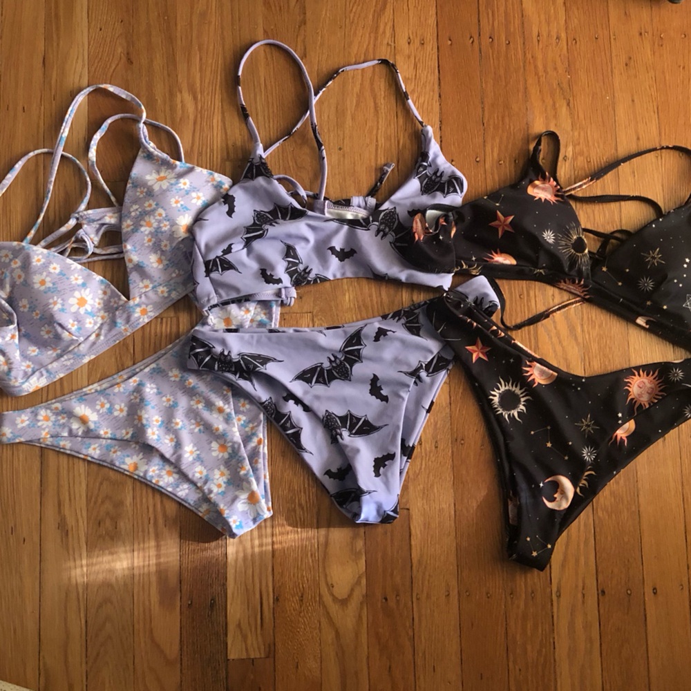 3 Bikini Set (lavender floral, bats, and black celestial)